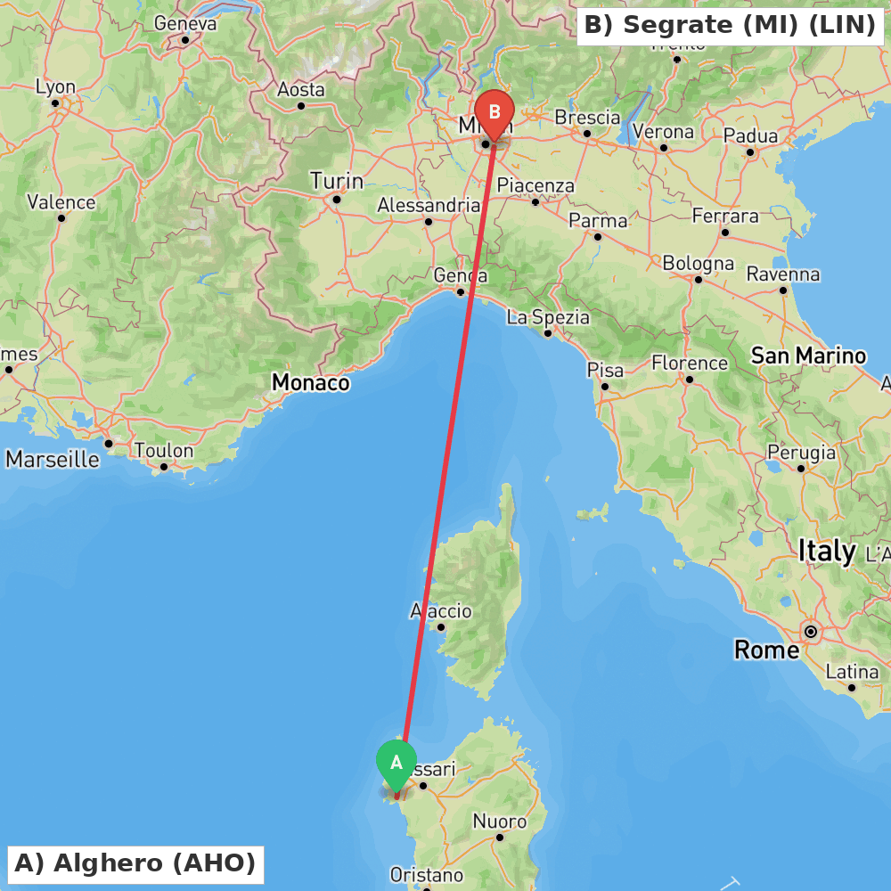 Flight route map from Alghero to Segrate (MI)