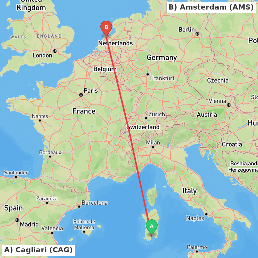 Flight route map from Cagliari to Amsterdam