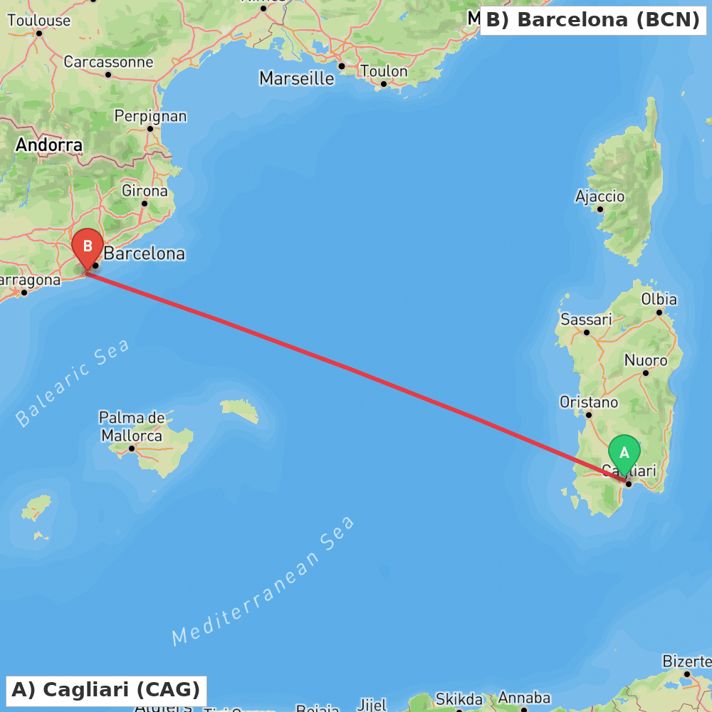 Flight route map from Cagliari to Barcelona