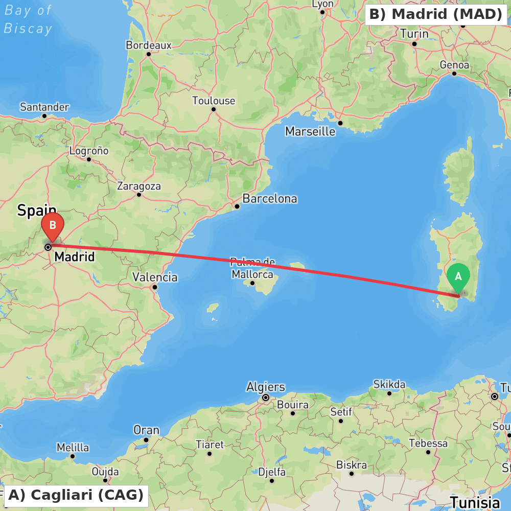 Flight route map from Cagliari to Madrid
