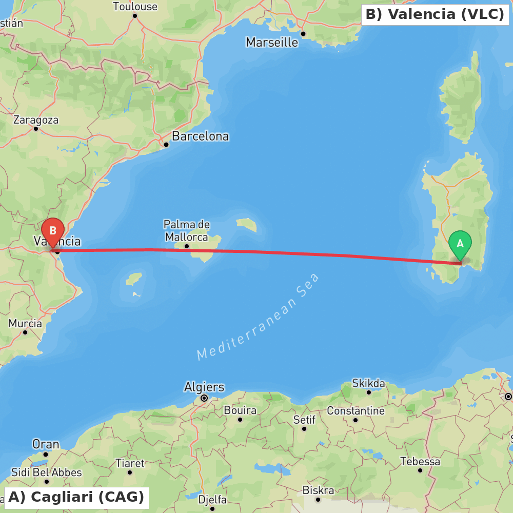 Flight route map from Cagliari to Valencia