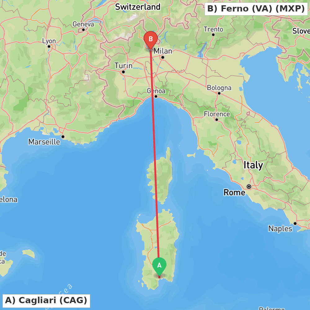 Flight route map from Cagliari to Ferno (VA)