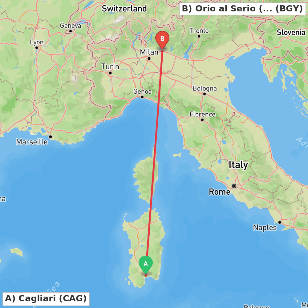 Flight route map from Cagliari to Orio al Serio (BG)