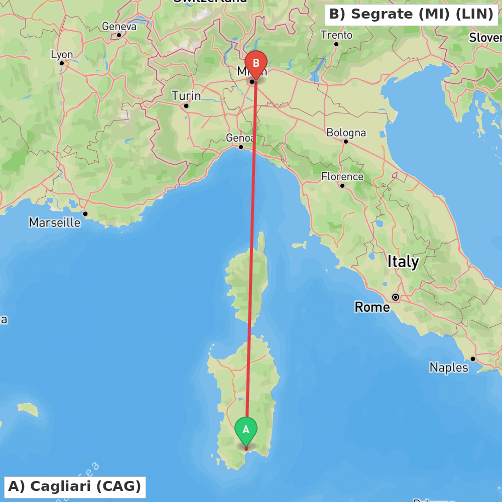 Flight route map from Cagliari to Segrate (MI)
