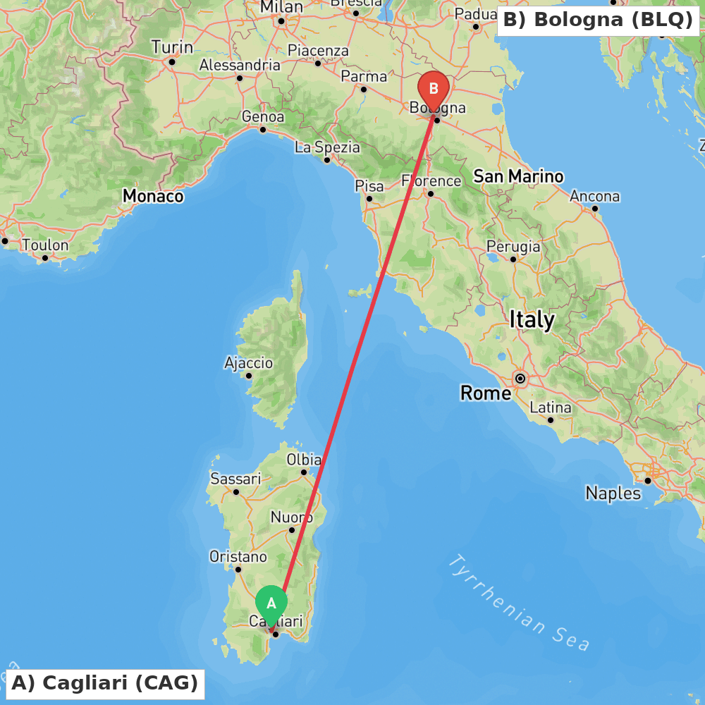 Flight route map from Cagliari to Bologna