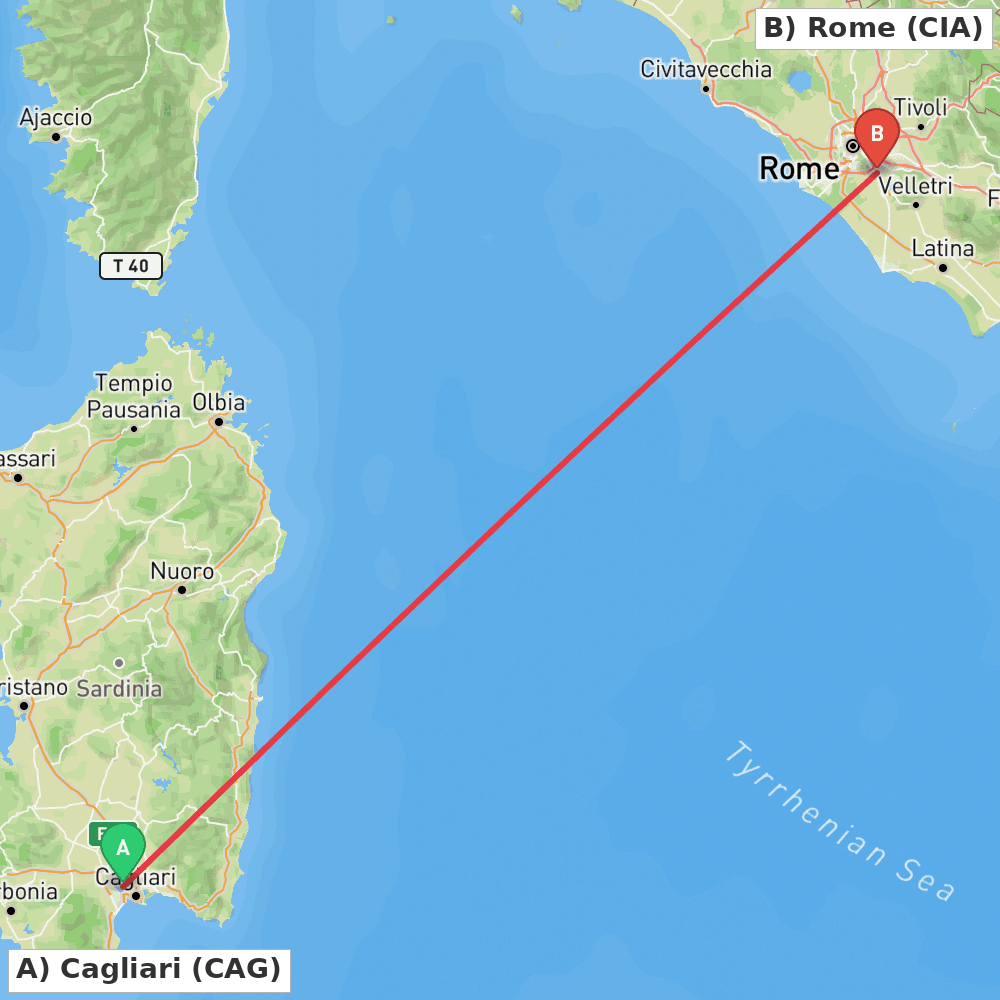 Flight route map from Cagliari to Rome