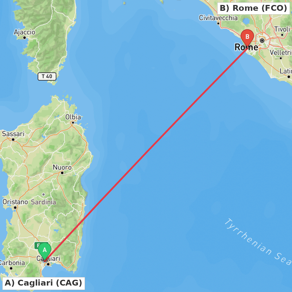 Flight route map from Cagliari to Rome