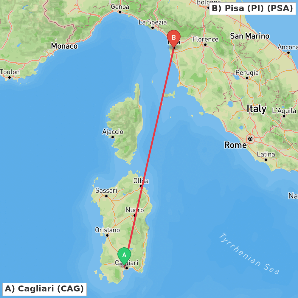 Flight route map from Cagliari to Pisa (PI)