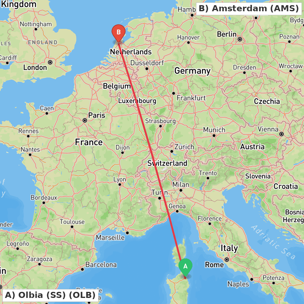 Flight route map from Olbia (SS) to Amsterdam