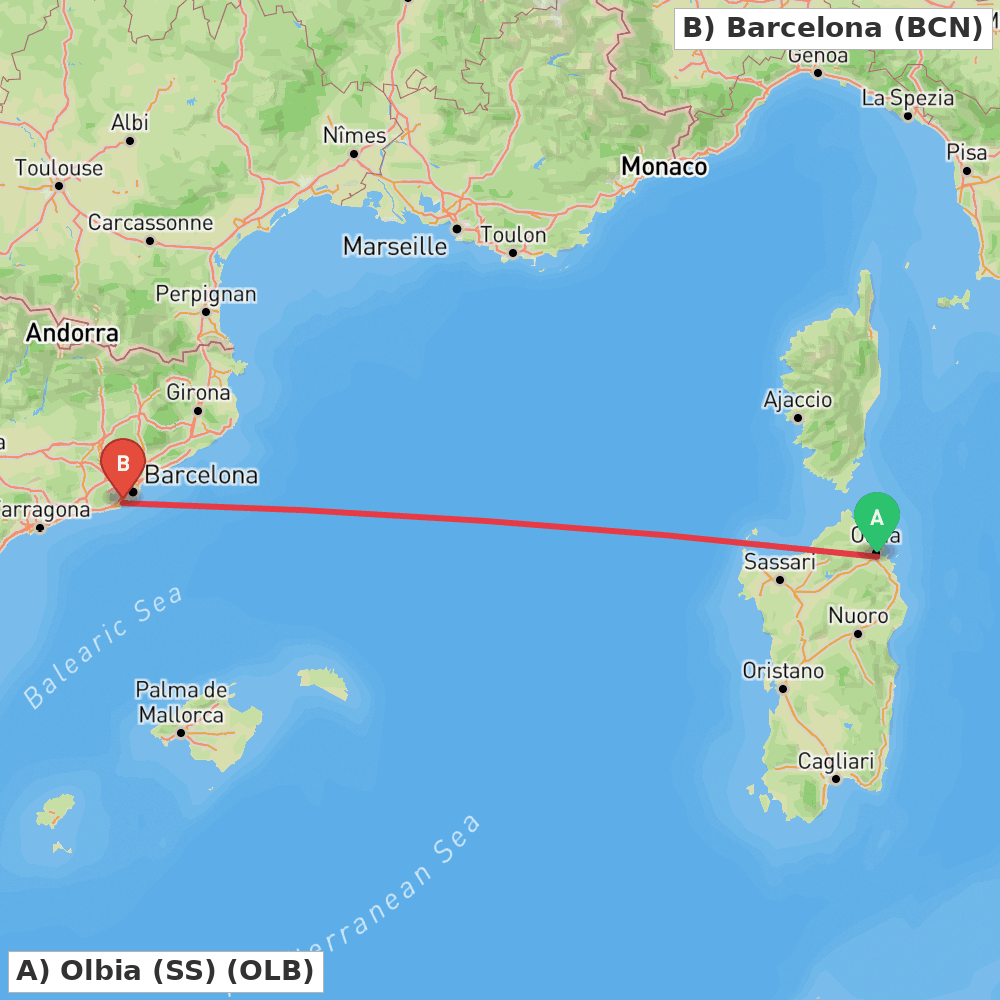 Flight route map from Olbia (SS) to Barcelona