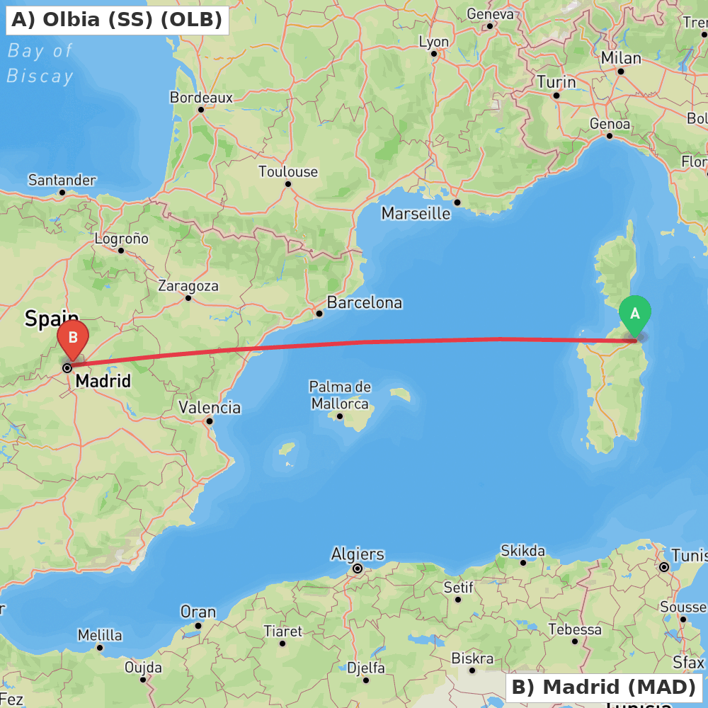 Flight route map from Olbia (SS) to Madrid