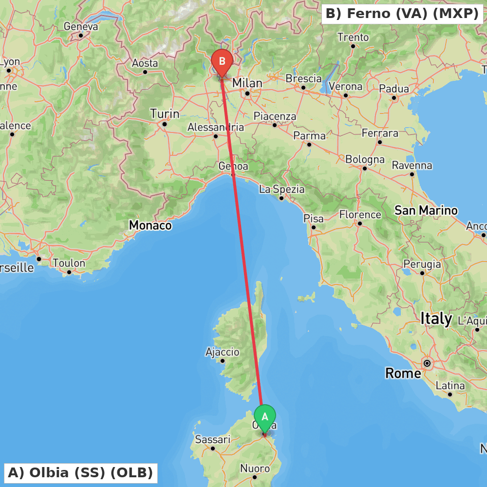 Flight route map from Olbia (SS) to Ferno (VA)