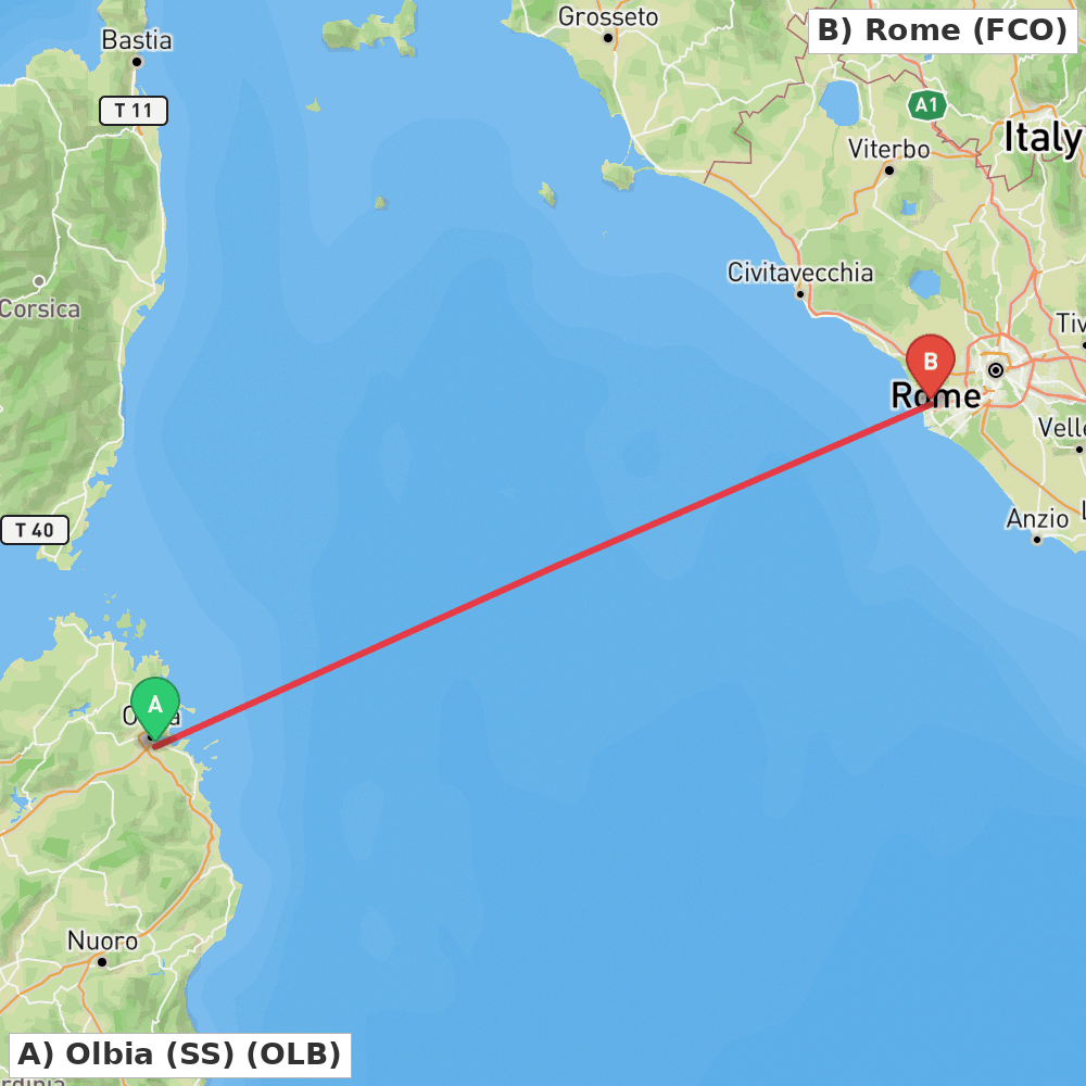 Flight route map from Olbia (SS) to Rome