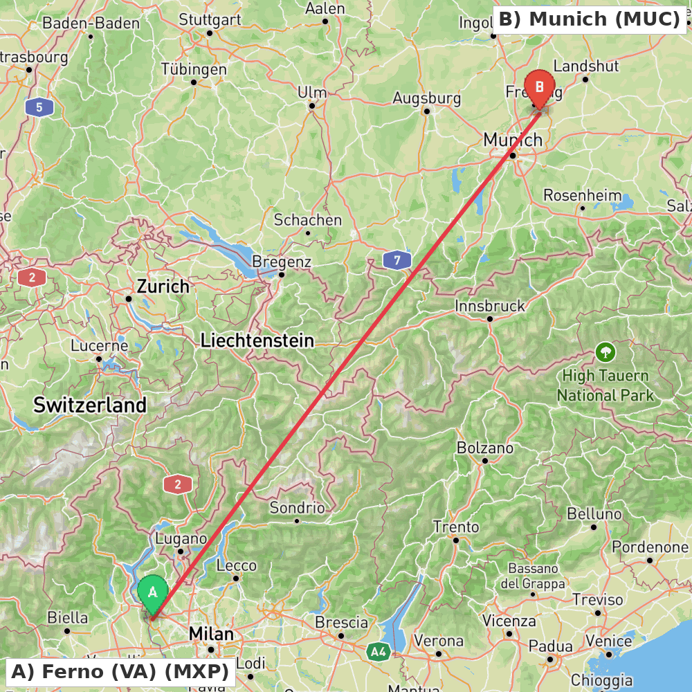 Flight route map from Ferno (VA) to Munich