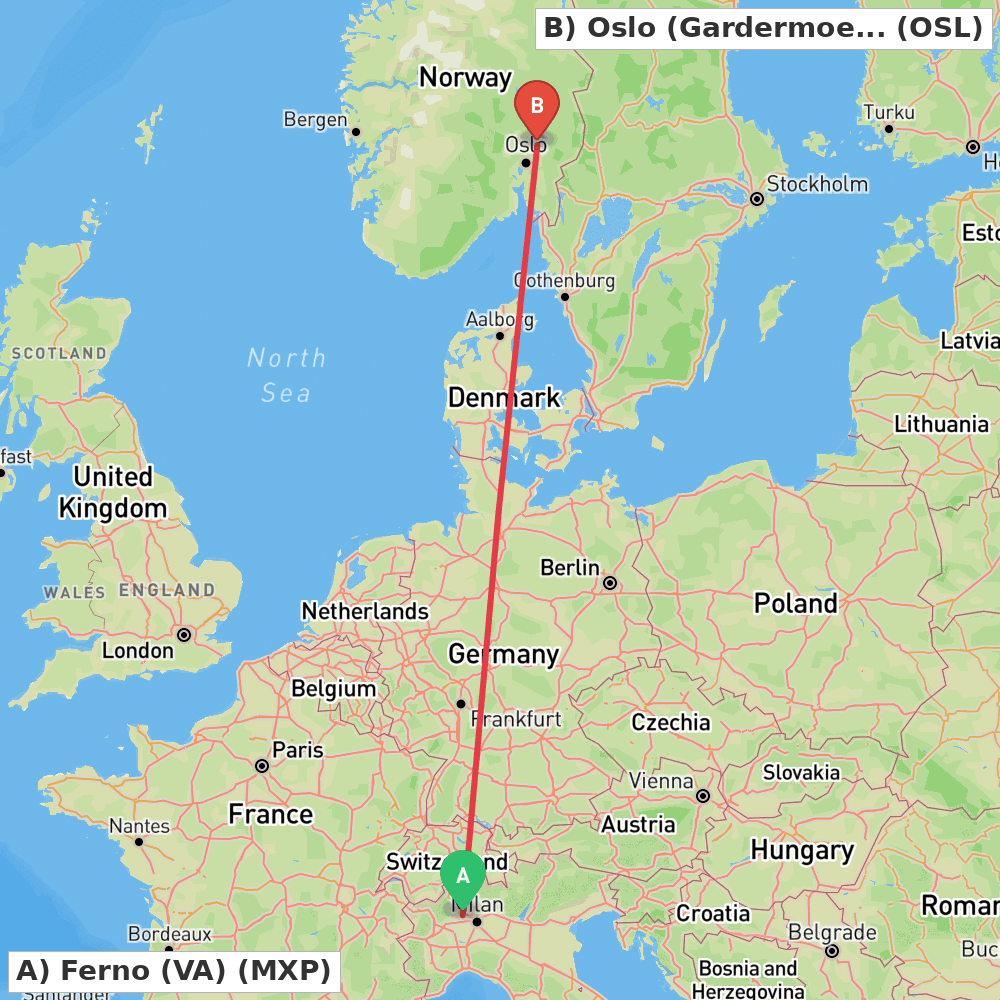 Flight route map from Ferno (VA) to Oslo (Gardermoen)
