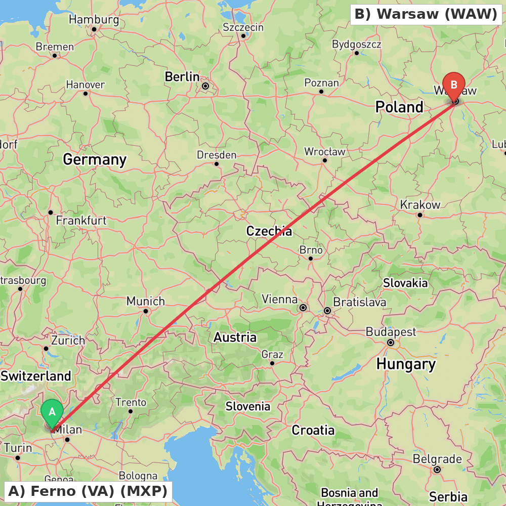 Flight route map from Ferno (VA) to Warsaw
