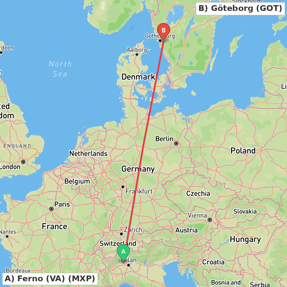 Flight route map from Ferno (VA) to Göteborg