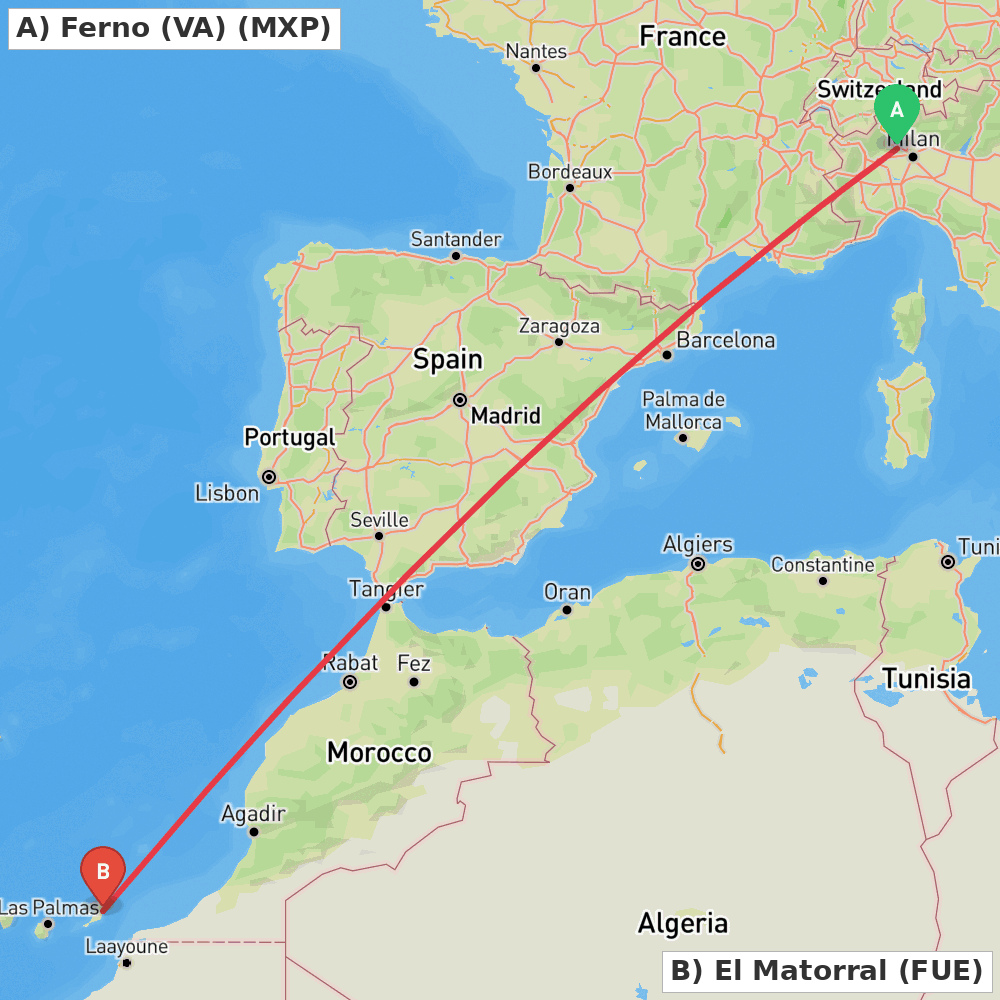 Flight route map from Ferno (VA) to El Matorral