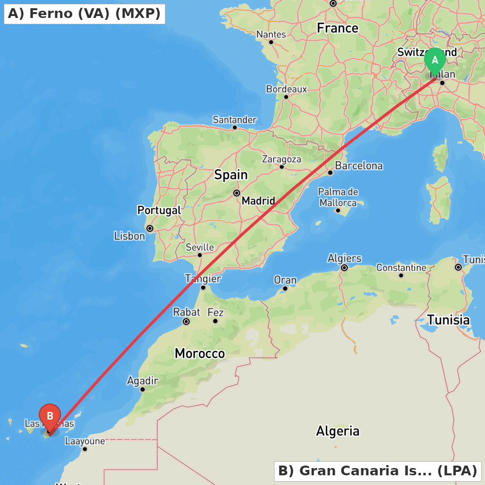 Flight route map from Ferno (VA) to Gran Canaria Island