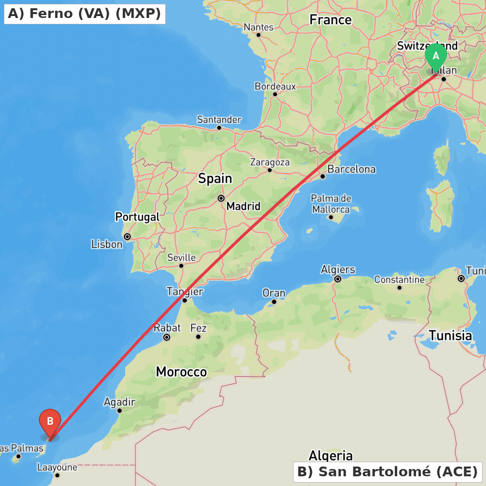 Flight route map from Ferno (VA) to San Bartolomé