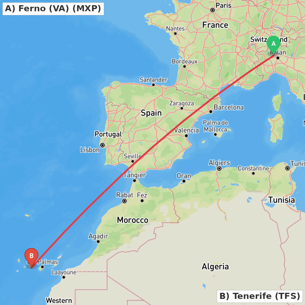 Flight route map from Ferno (VA) to Tenerife