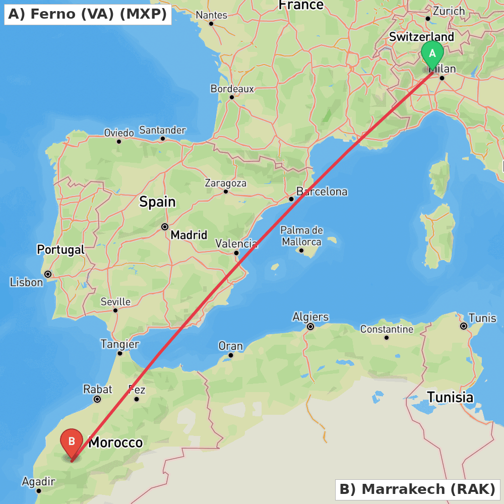 Flight route map from Ferno (VA) to Marrakech