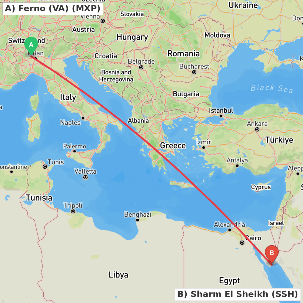 Flight route map from Ferno (VA) to Sharm El Sheikh