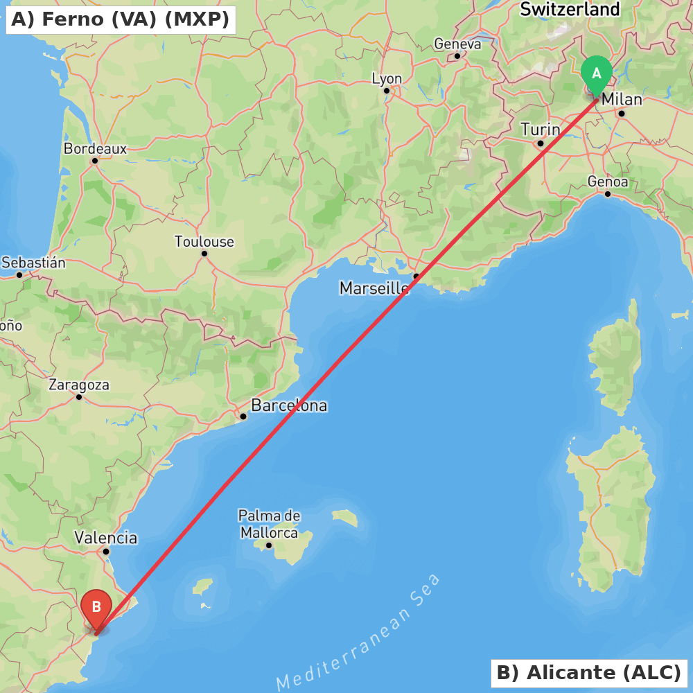 Flight route map from Ferno (VA) to Alicante