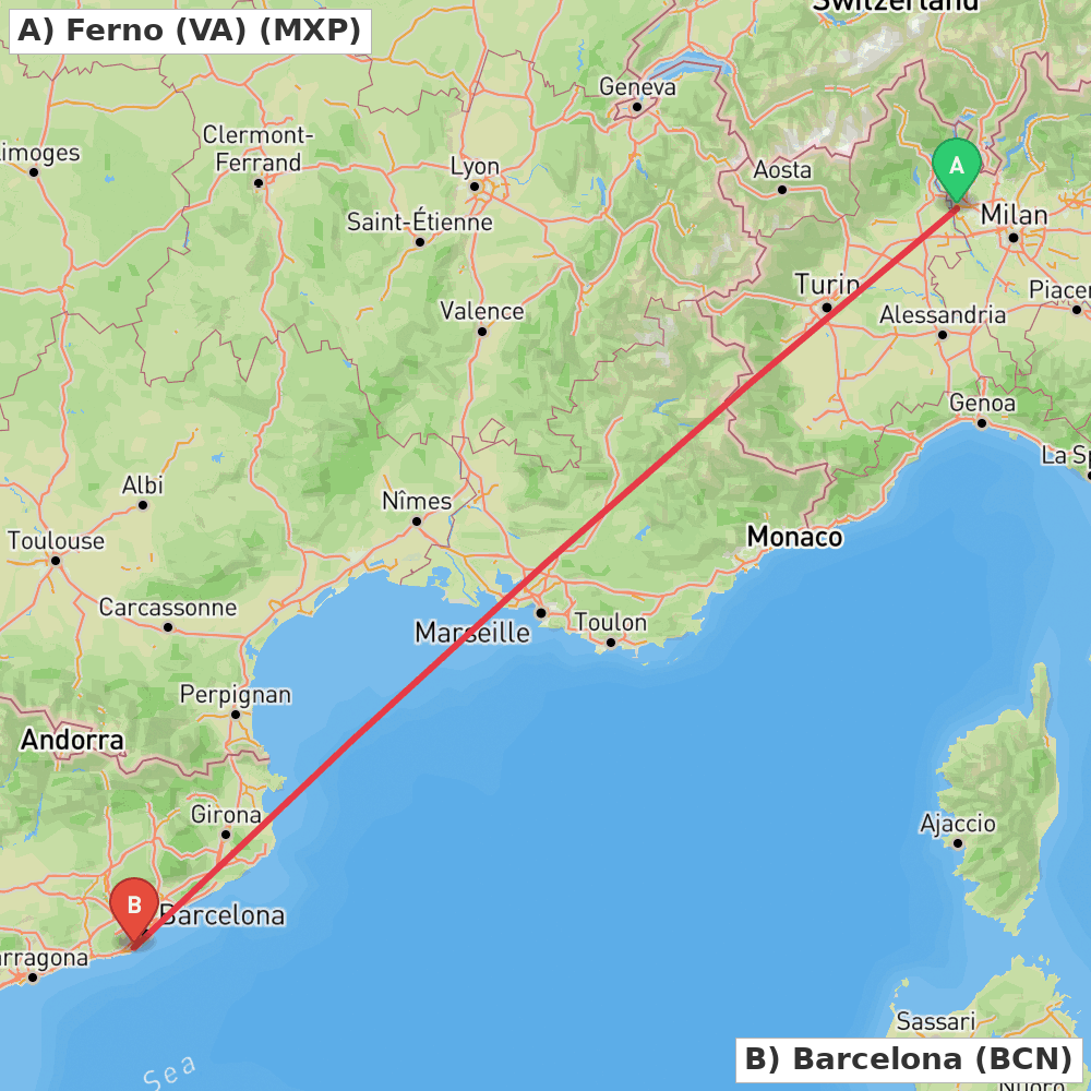 Flight route map from Ferno (VA) to Barcelona