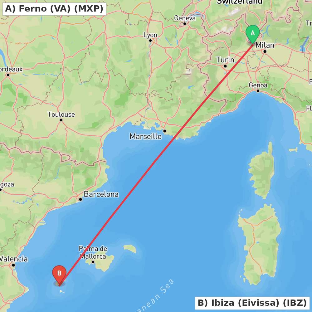 Flight route map from Ferno (VA) to Ibiza (Eivissa)
