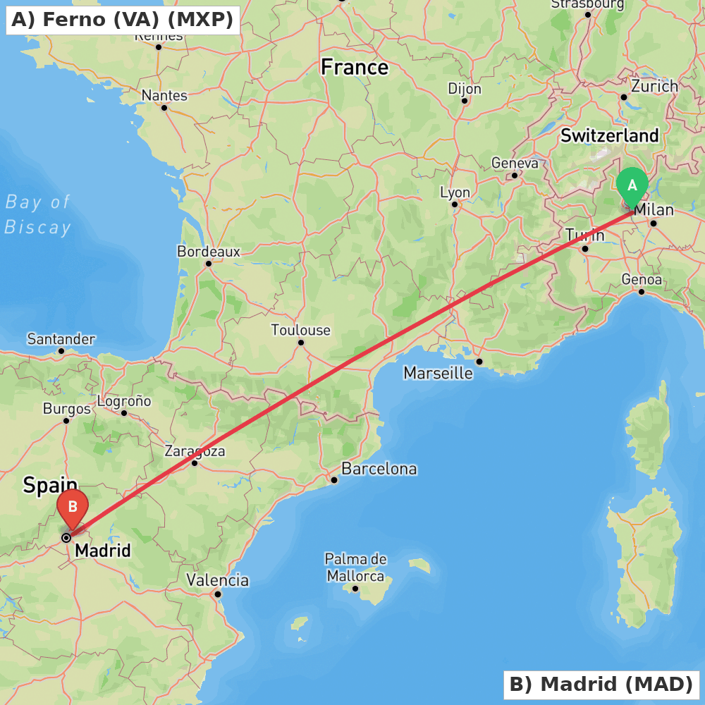 Flight route map from Ferno (VA) to Madrid