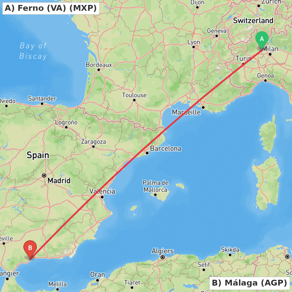 Flight route map from Ferno (VA) to Málaga
