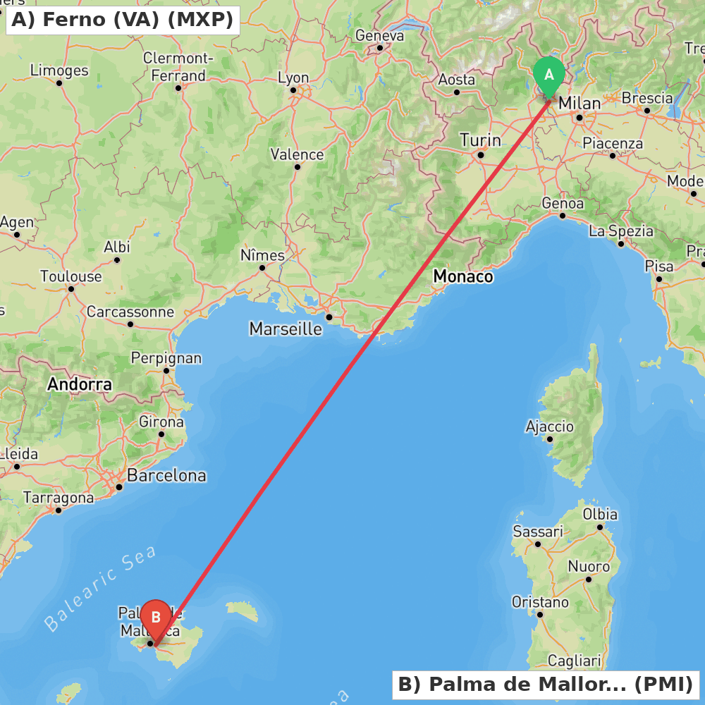 Flight route map from Ferno (VA) to Palma de Mallorca