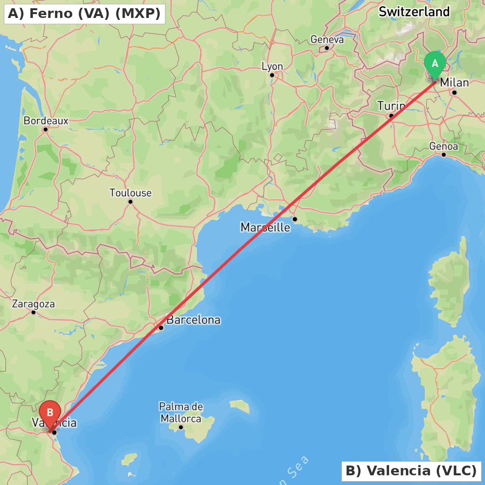 Flight route map from Ferno (VA) to Valencia