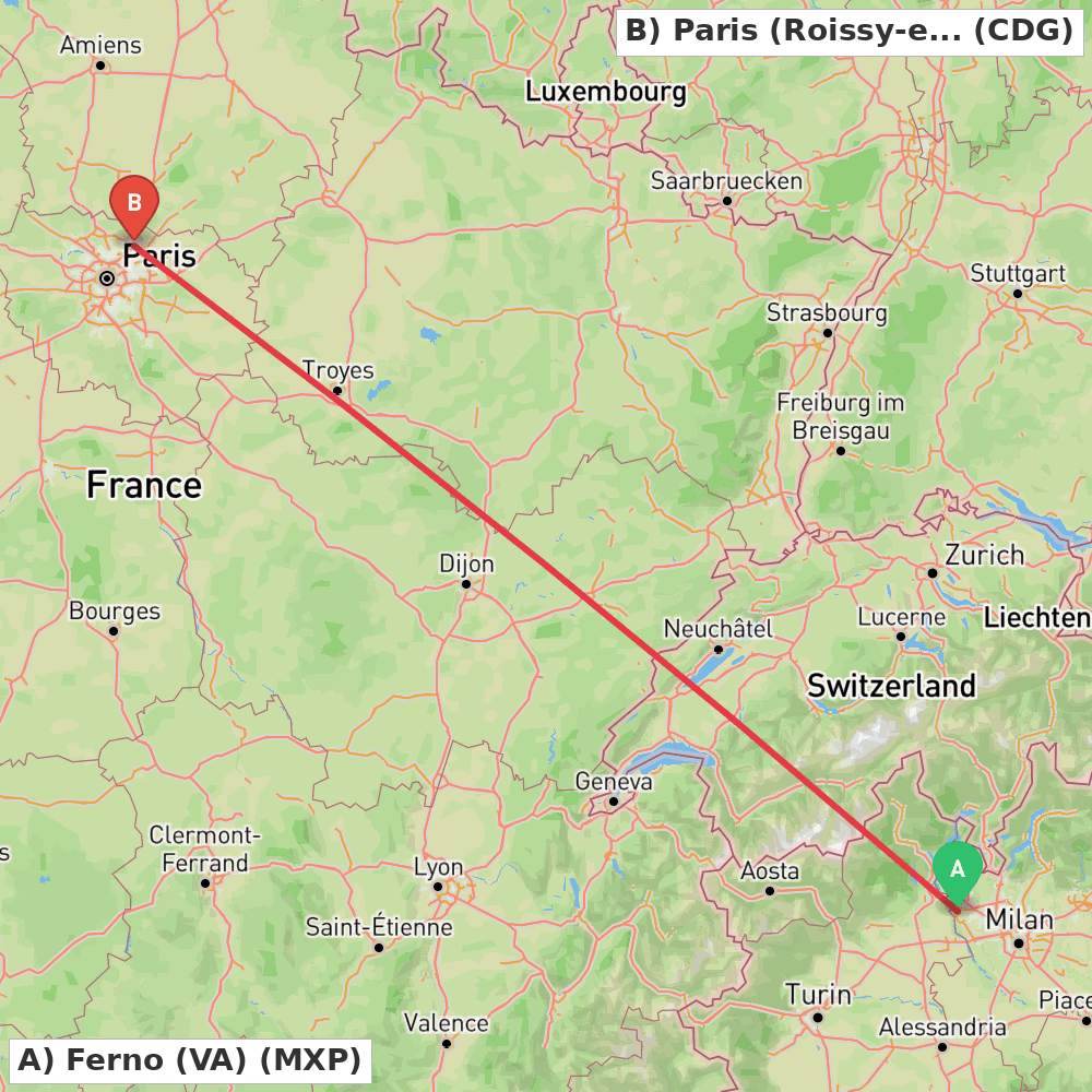 Flight route map from Ferno (VA) to Paris (Roissy-en-France, Val-d'Oise)