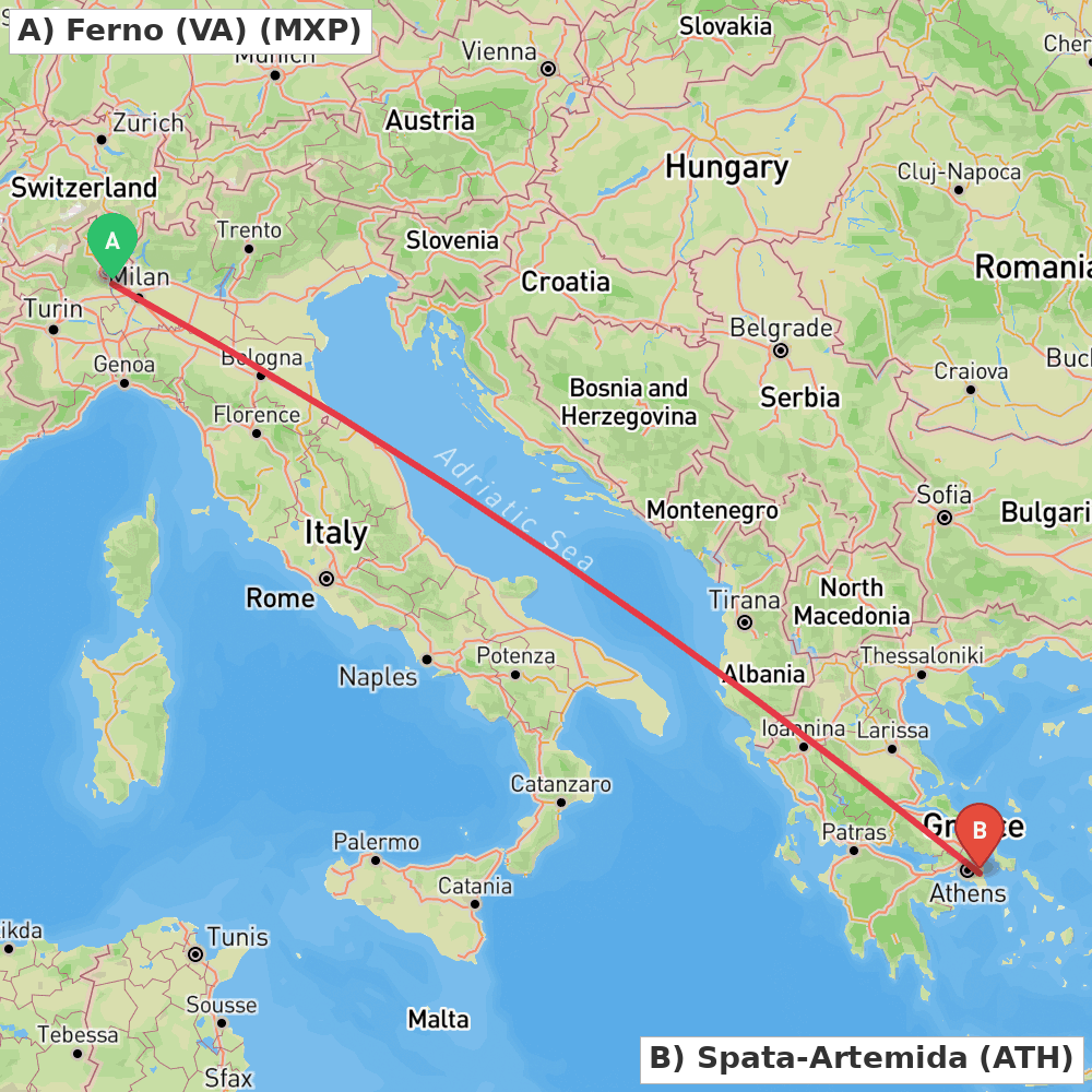Flight route map from Ferno (VA) to Spata-Artemida