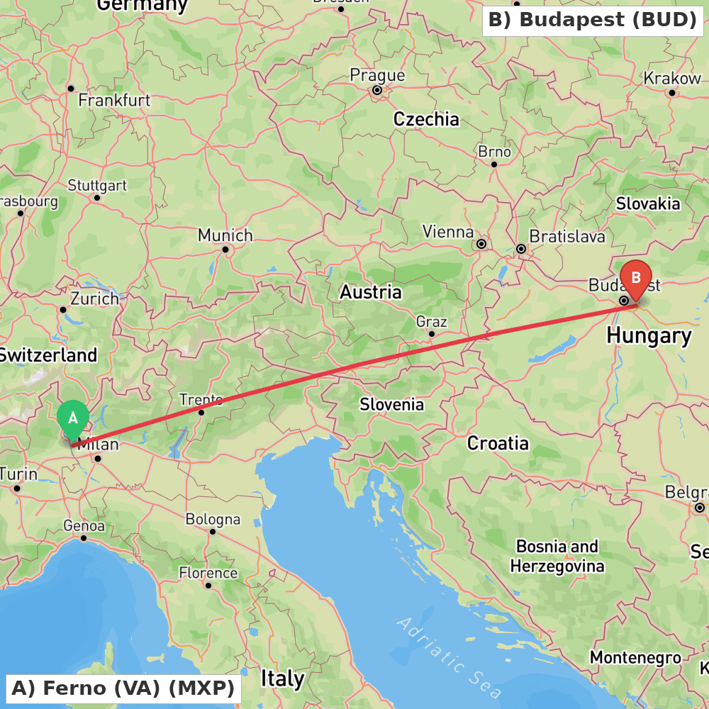 Flight route map from Ferno (VA) to Budapest