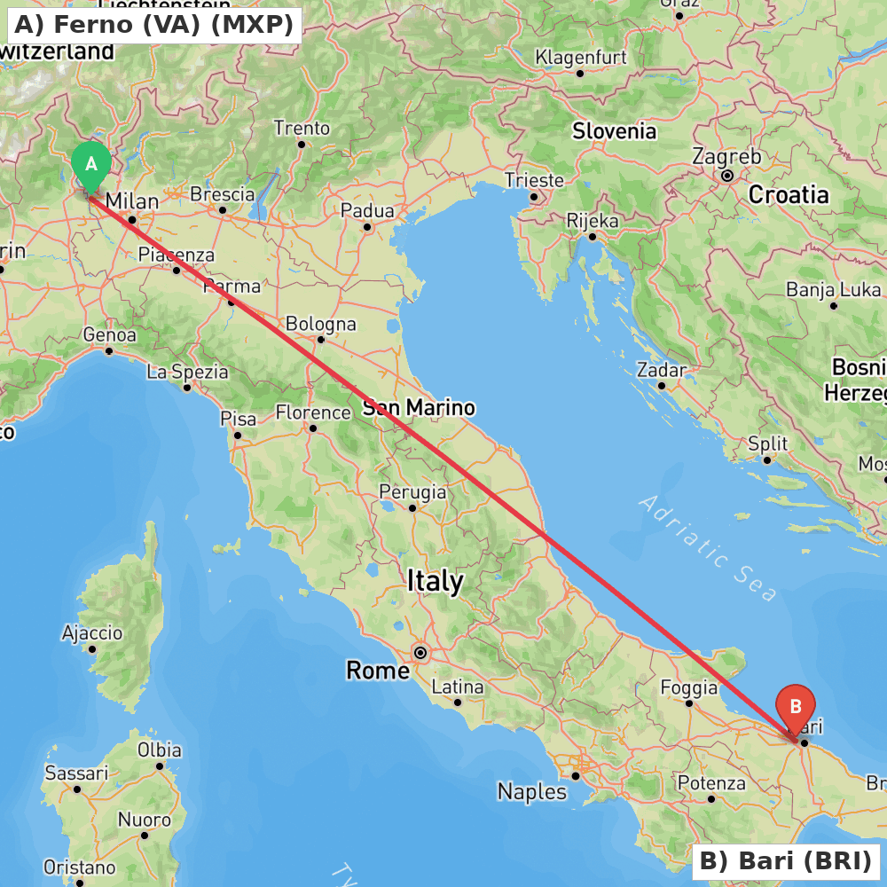 Flight route map from Ferno (VA) to Bari
