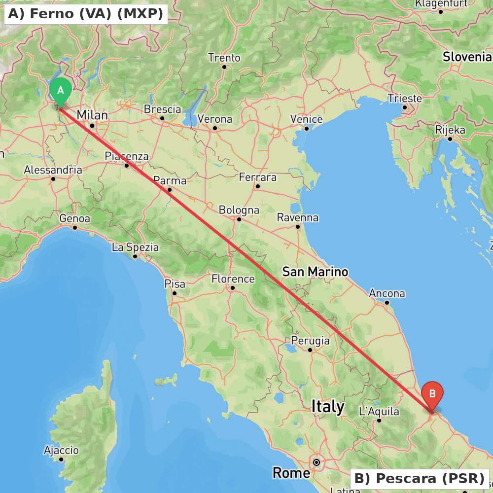 Flight route map from Ferno (VA) to Pescara
