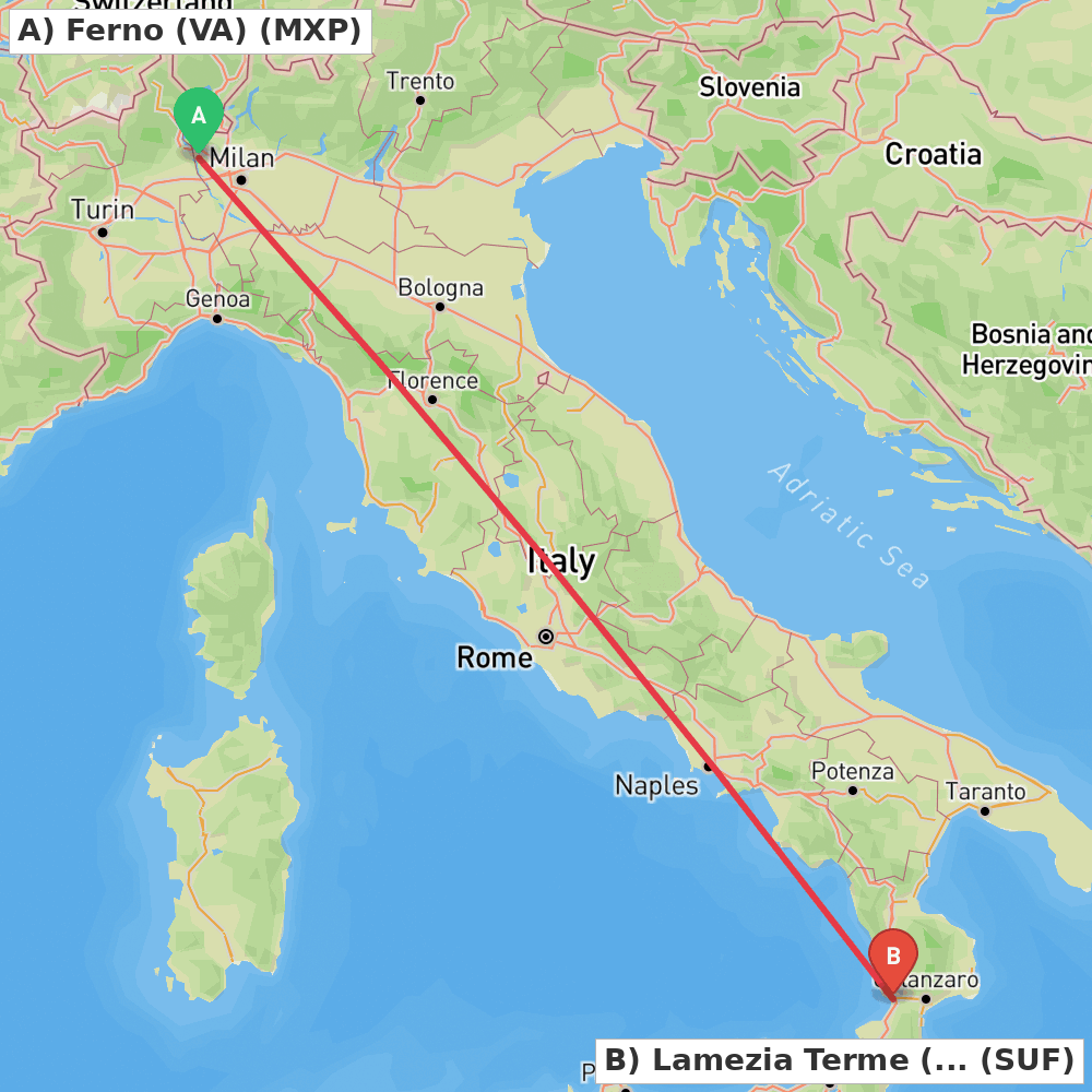 Flight route map from Ferno (VA) to Lamezia Terme (CZ)