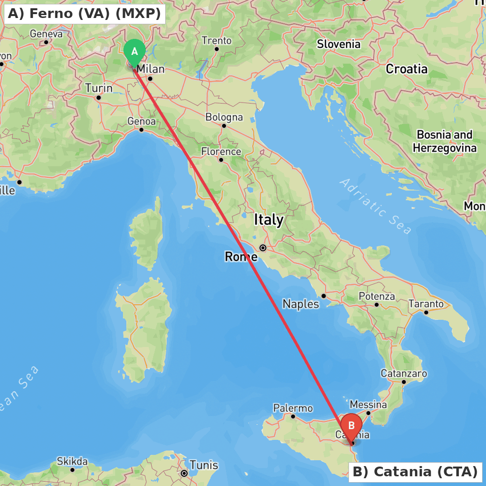 Flight route map from Ferno (VA) to Catania