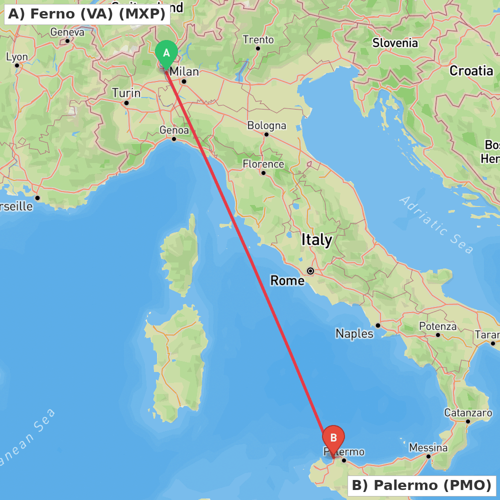 Flight route map from Ferno (VA) to Palermo