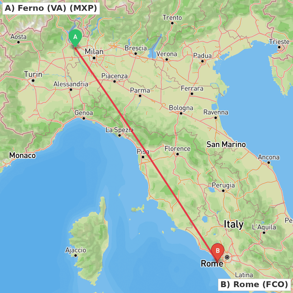Flight route map from Ferno (VA) to Rome