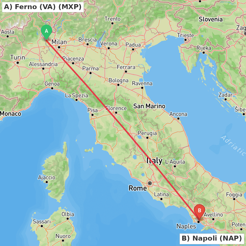 Flight route map from Ferno (VA) to Napoli