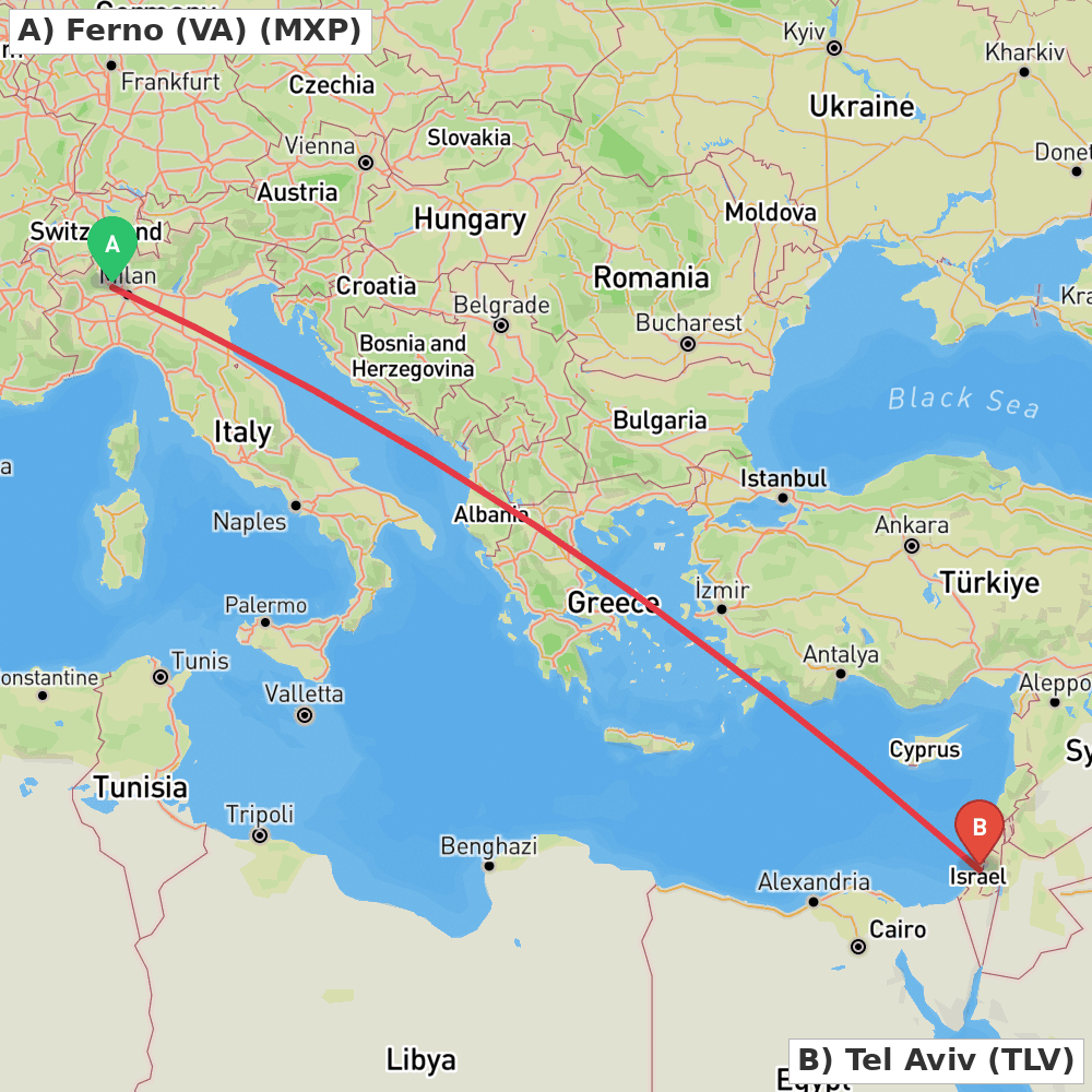 Flight route map from Ferno (VA) to Tel Aviv