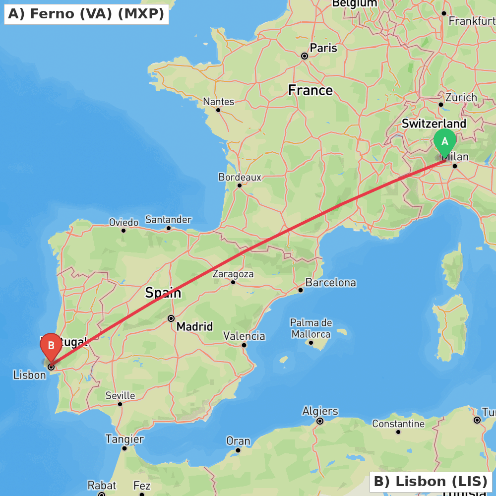 Flight route map from Ferno (VA) to Lisbon