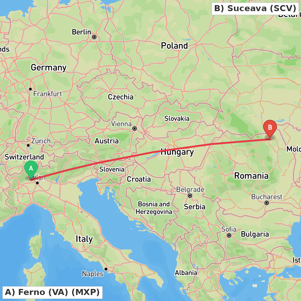Flight route map from Ferno (VA) to Suceava