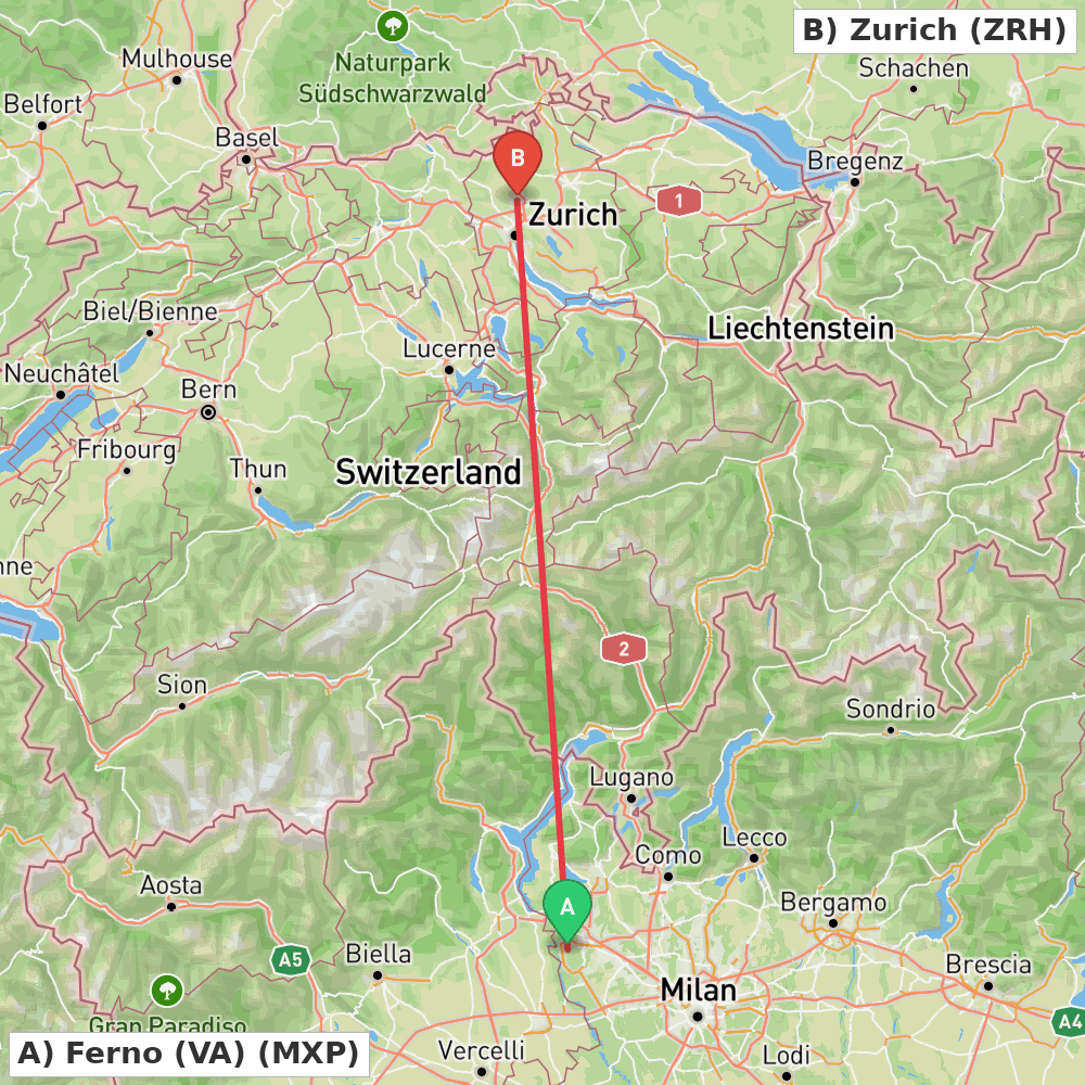 Flight route map from Ferno (VA) to Zurich