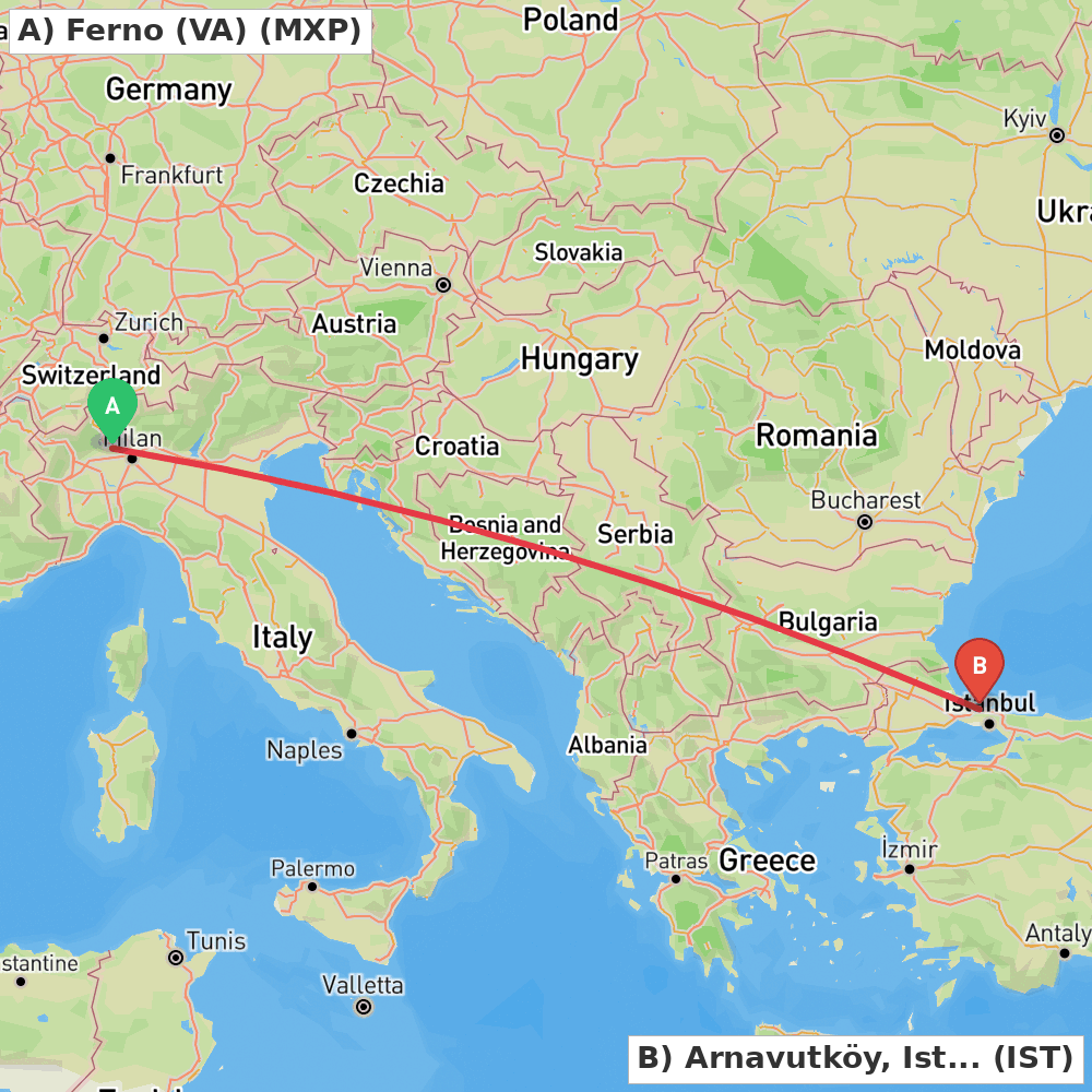 Flight route map from Ferno (VA) to Arnavutköy, Istanbul