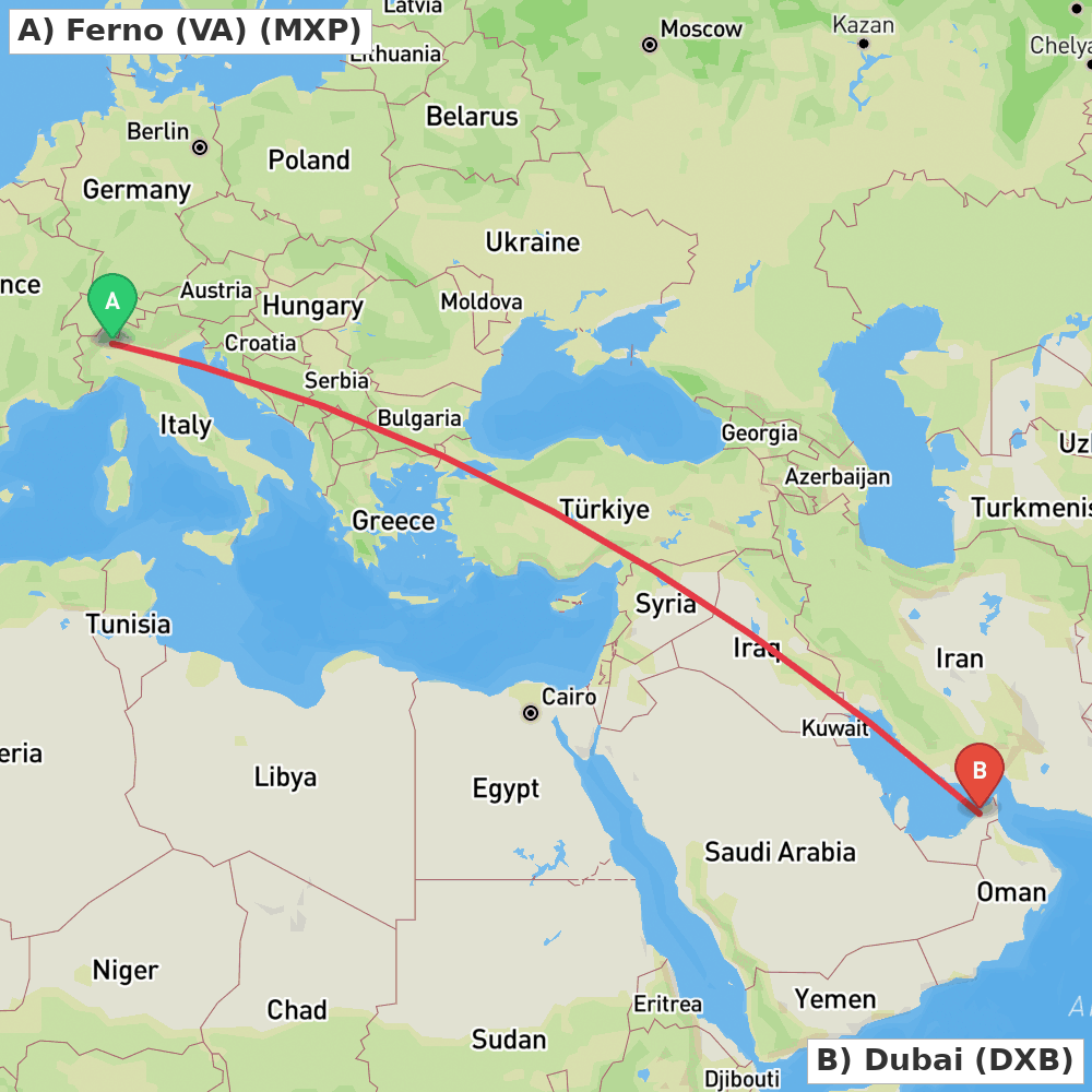 Flight route map from Ferno (VA) to Dubai